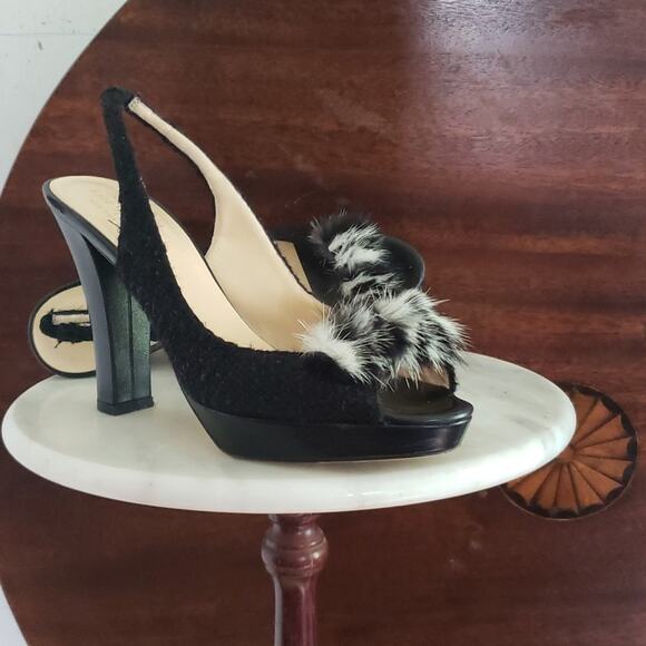 Kate Spade Women's Boucle Sparkle Tweed Mink Bow Open Toe Sling Back Heels 9B - Picture 1 of 10